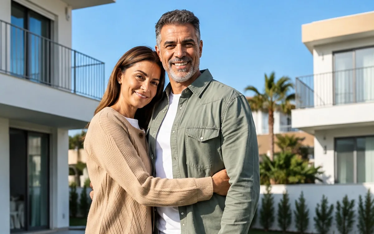 Casal de cerca de 50 anos no jardim em frente a casa.